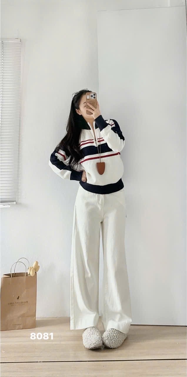 ÁO LEN KẺ CỔ KHOÁ QC THAN PHỐI TRẮNG