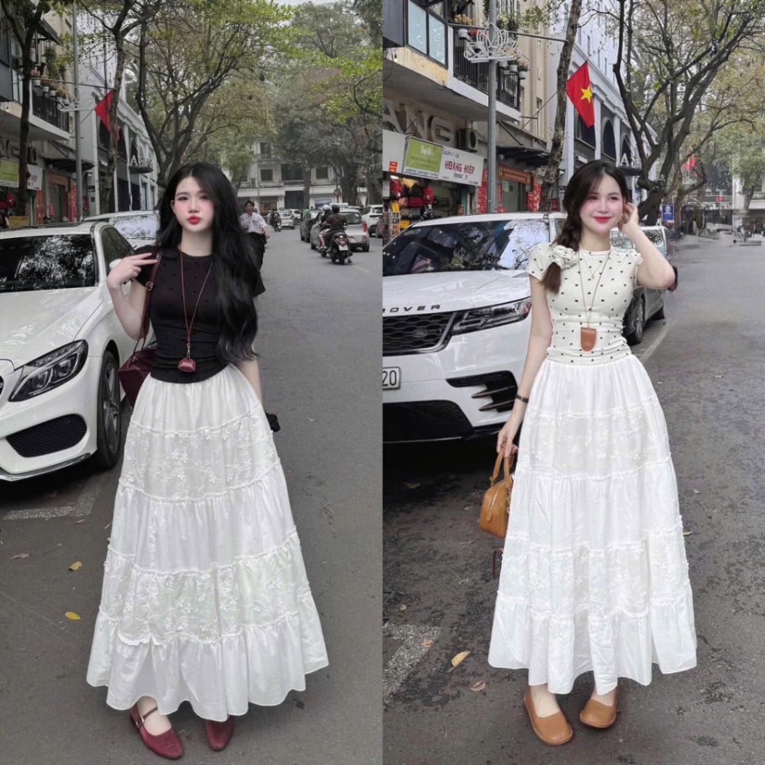 CHÂN VÁY TRẮNG THÔ MIX PHỐI REN HOA NỔI QCCC