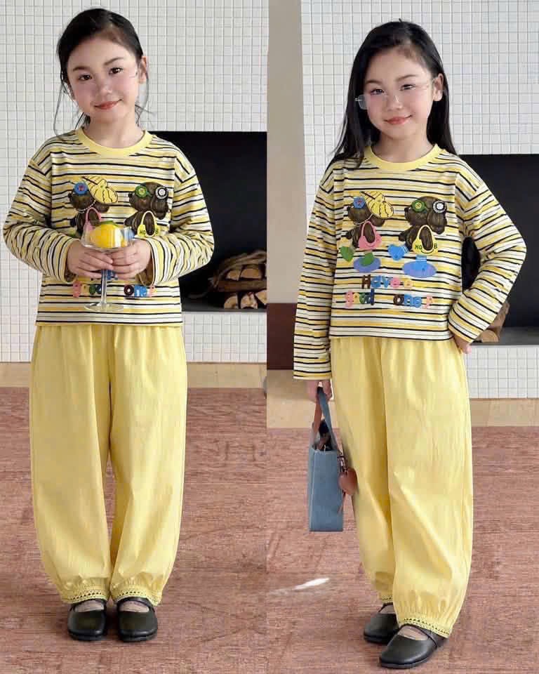 BỘ DÀI TAY PHỐI KẺ QUẦN GẤU REN CHO BÉ