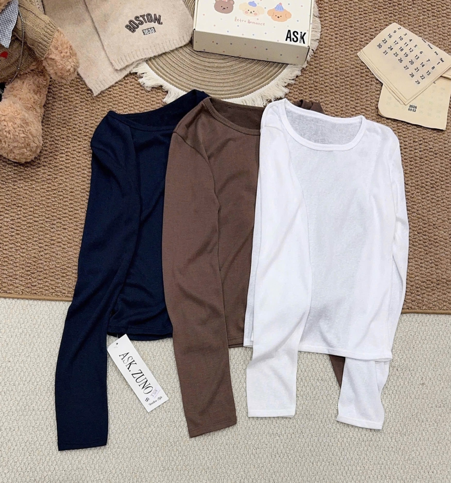 SET 3 ÁO THUN DÀI TAY ĐEN TRẮNG NÂU CHO NỮ