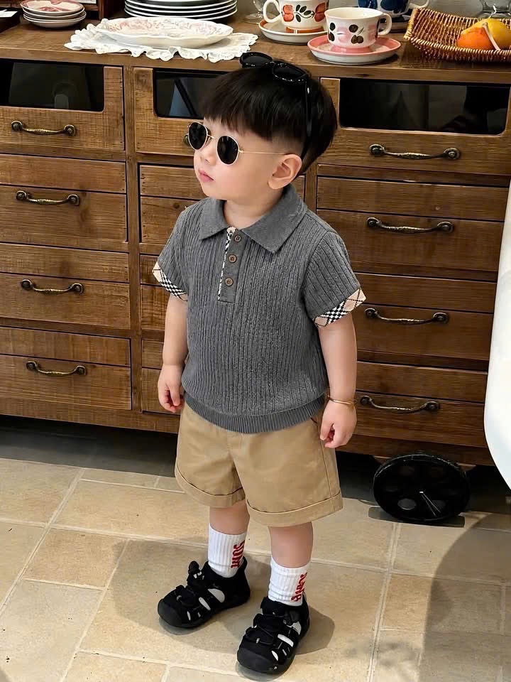 BỘ LEN ÁO GHI QUẦN MÀU BE CỘC TAY CHO BT
