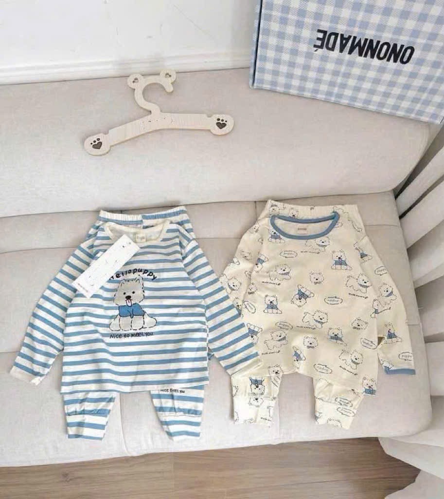 SÉT 2 BỘ HÌNH CÚN KẺ XANH BE DÀI TAY CHO NỮ