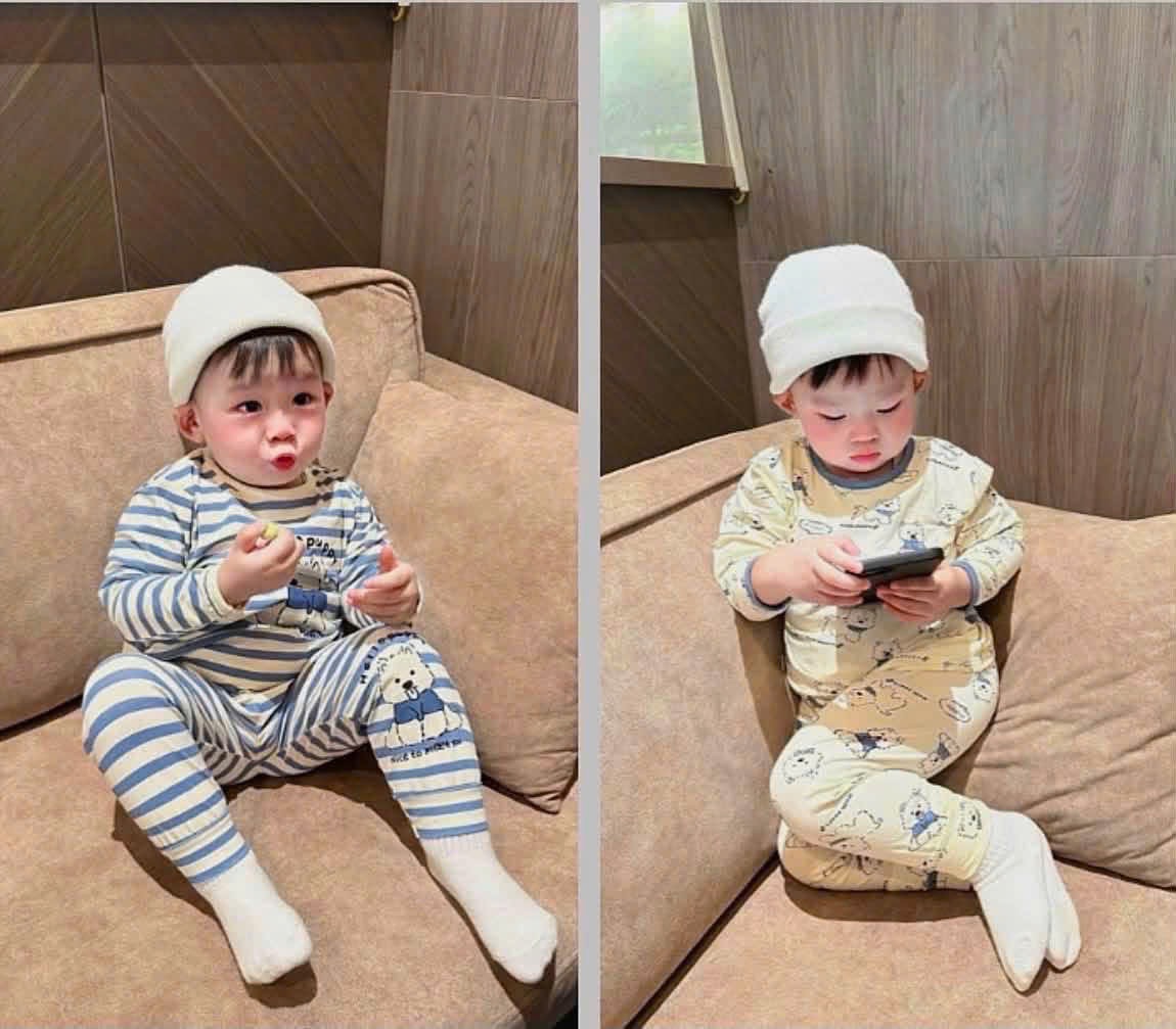 SÉT 2 BỘ HÌNH CÚN KẺ XANH BE DÀI TAY CHO NỮ