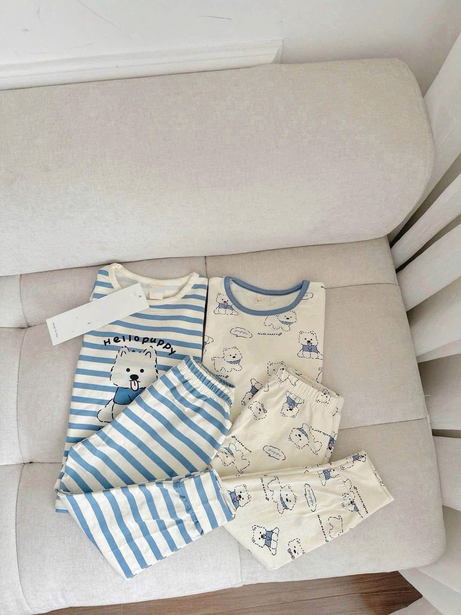 SÉT 2 BỘ HÌNH CÚN KẺ XANH BE DÀI TAY CHO NỮ
