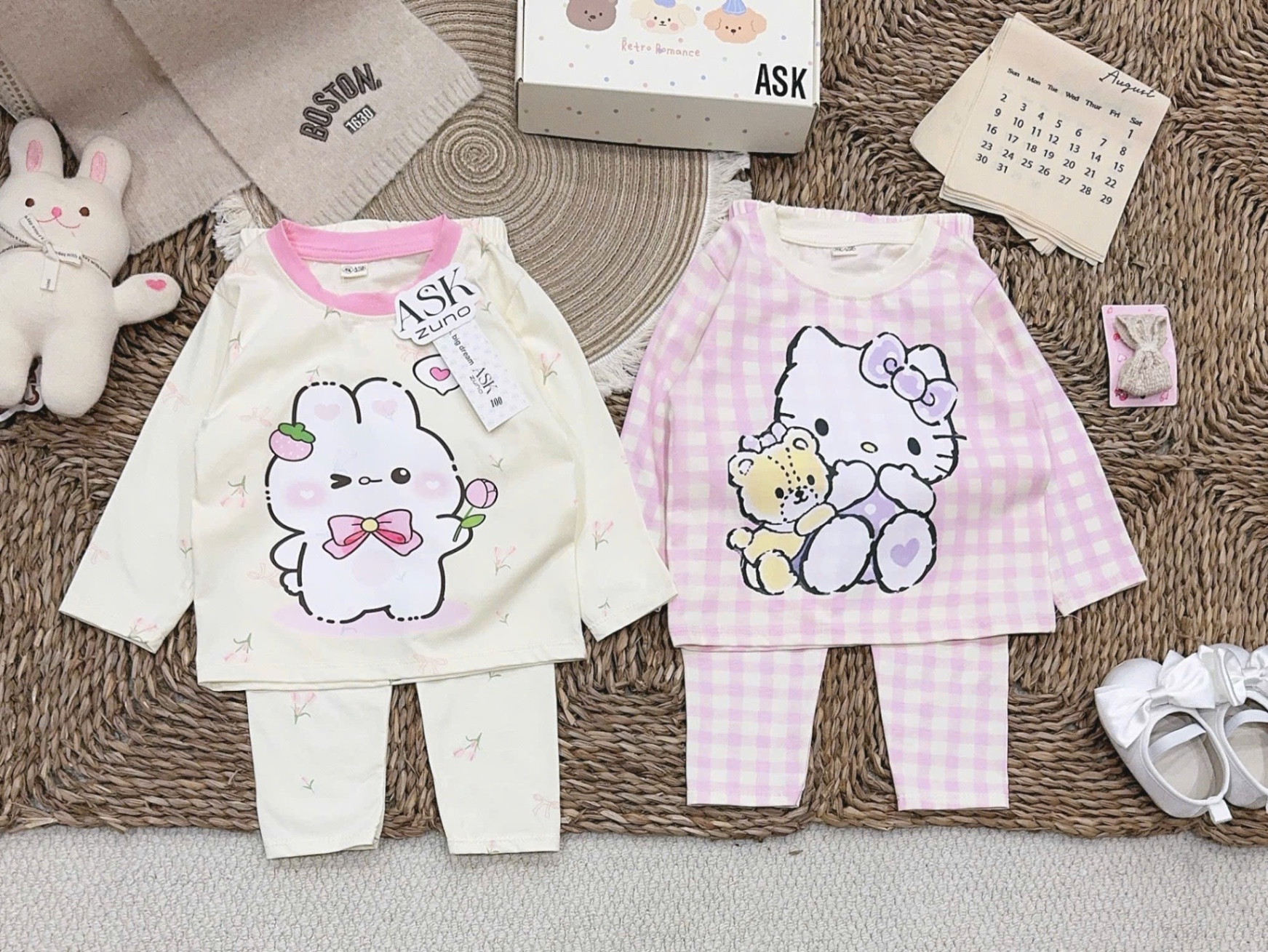 SÉT 2 BỘ MÈO THỎ BE KẺ HỒNG CHO BG