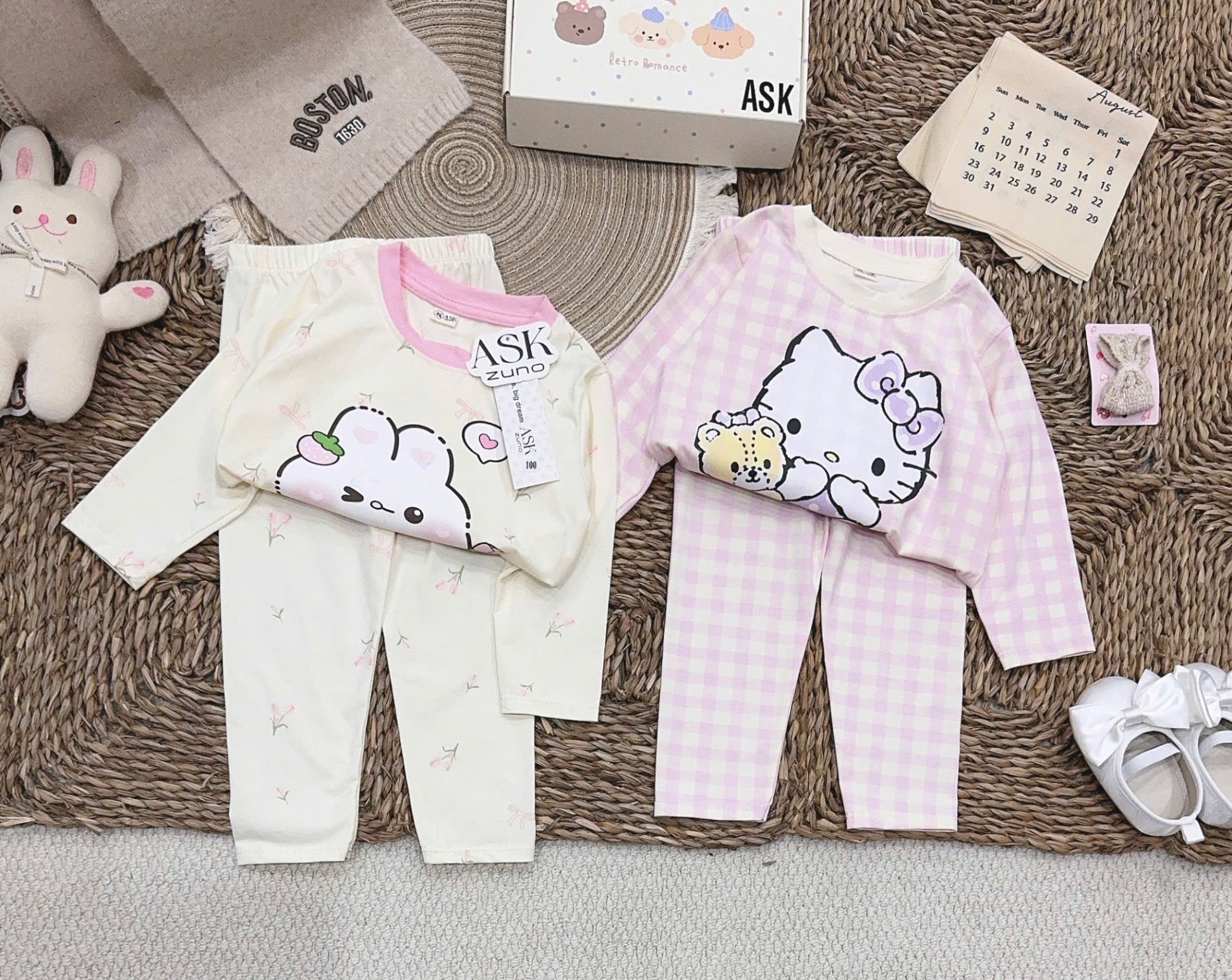 SÉT 2 BỘ MÈO THỎ BE KẺ HỒNG CHO BG