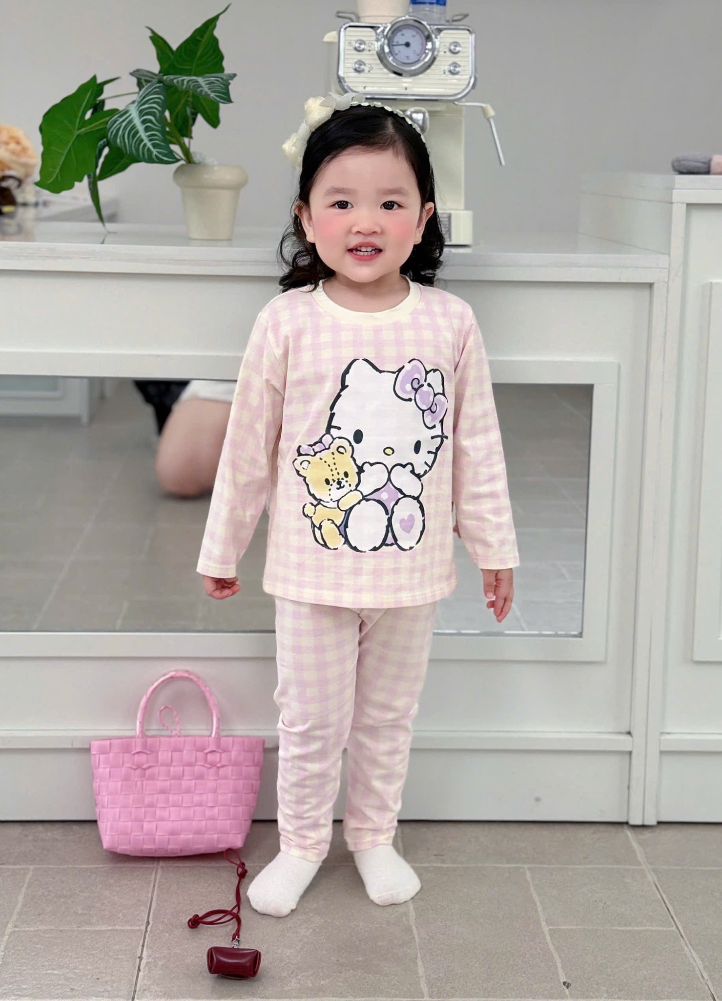 SÉT 2 BỘ MÈO THỎ BE KẺ HỒNG CHO BG