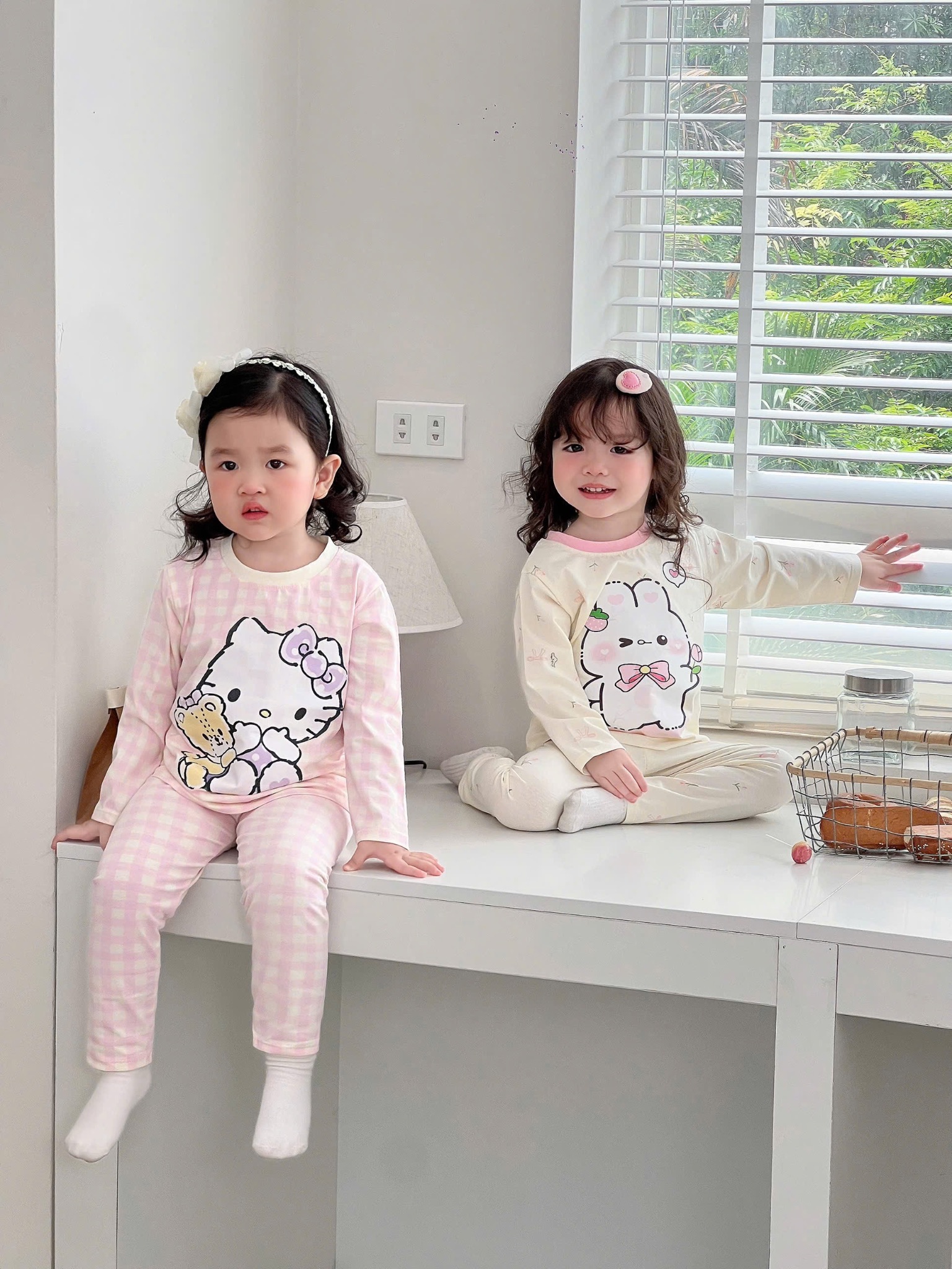 SÉT 2 BỘ MÈO THỎ BE KẺ HỒNG CHO BG