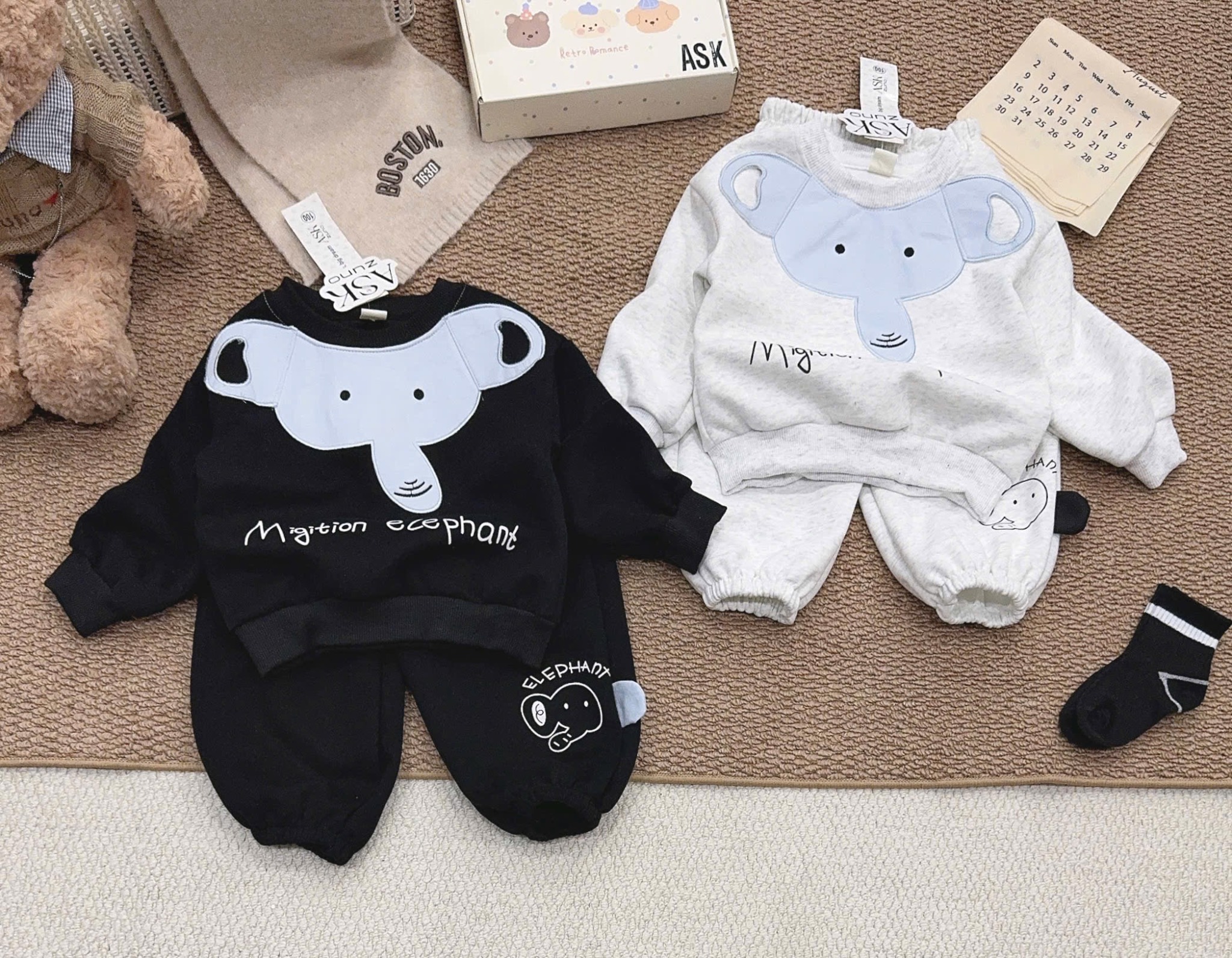 BỘ NỈ HÌNH VOI 2 MÀU ĐEN GHI CHO BT