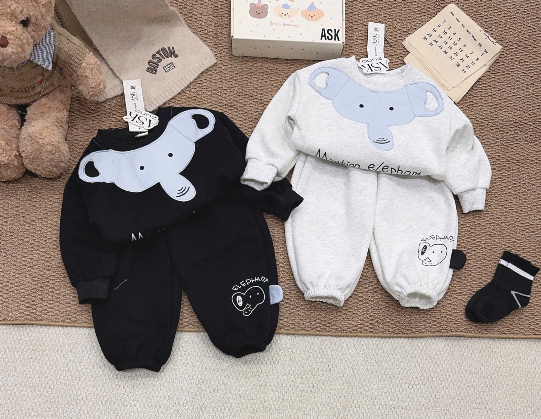 BỘ NỈ HÌNH VOI 2 MÀU ĐEN GHI CHO BT