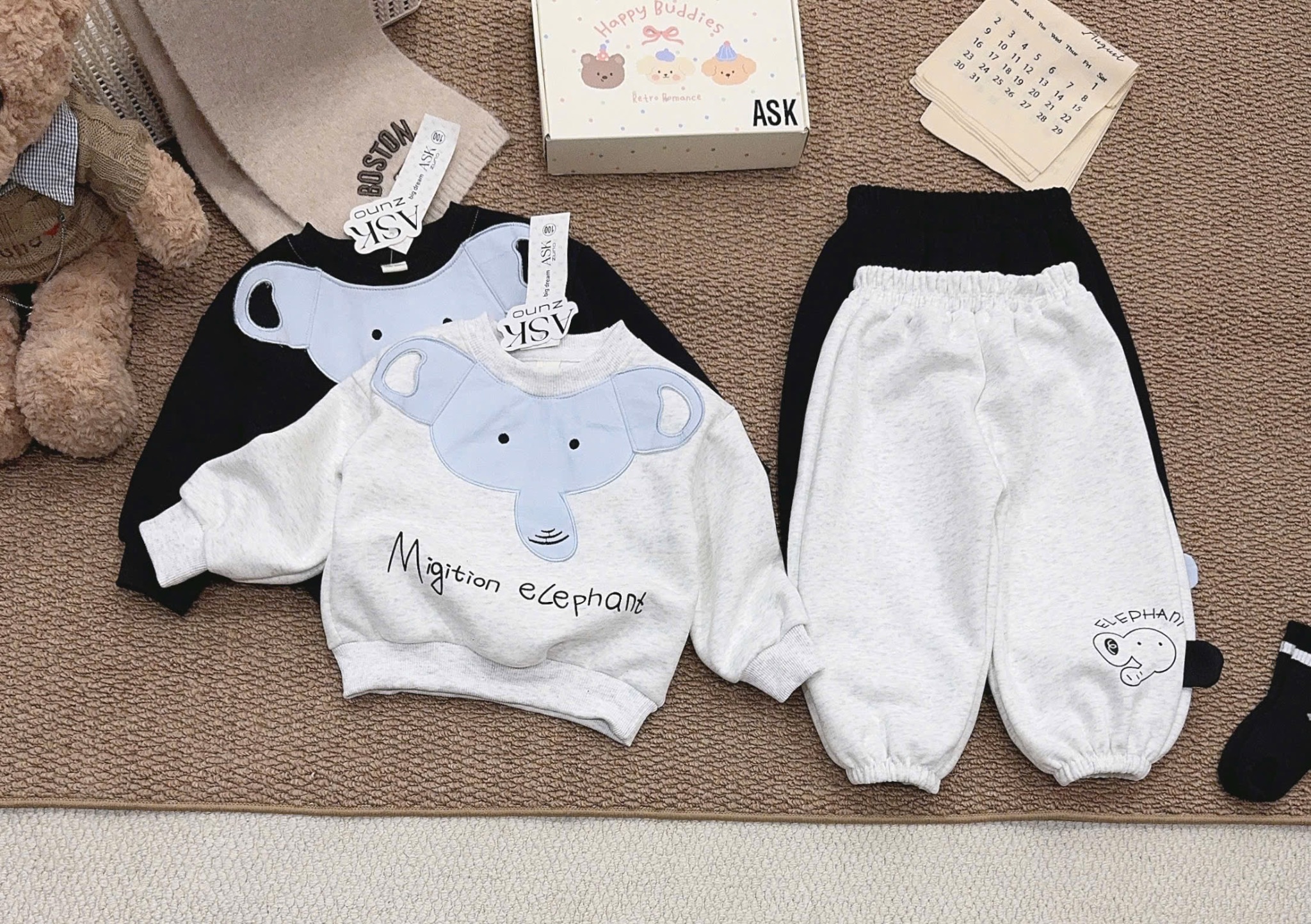 BỘ NỈ HÌNH VOI 2 MÀU ĐEN GHI CHO BT