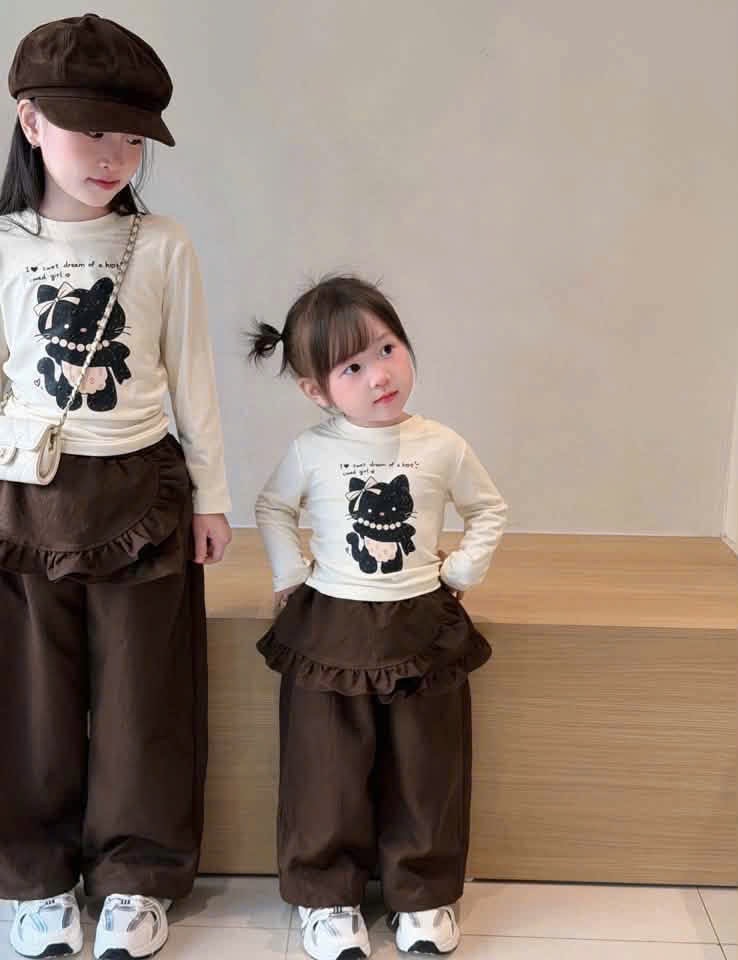 SÉT BỘ ÁO HÌNH MÈO QUẦN NÂU CHÉO CHO BG
