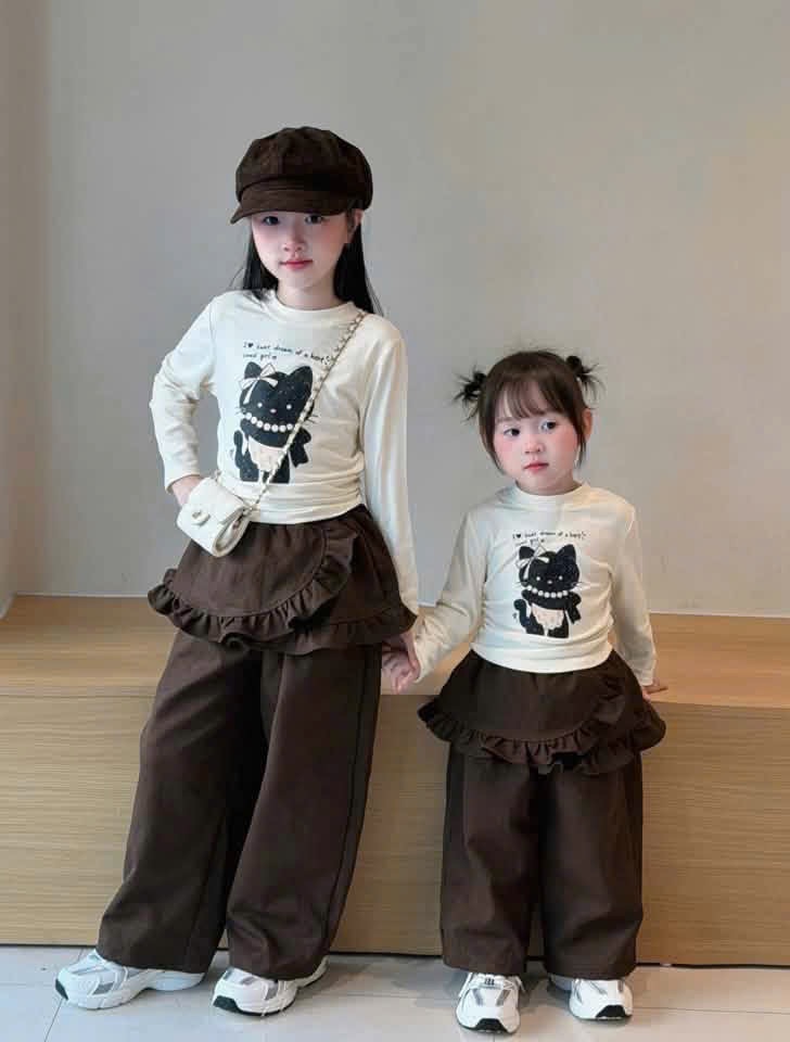 SÉT BỘ ÁO HÌNH MÈO QUẦN NÂU CHÉO CHO BG