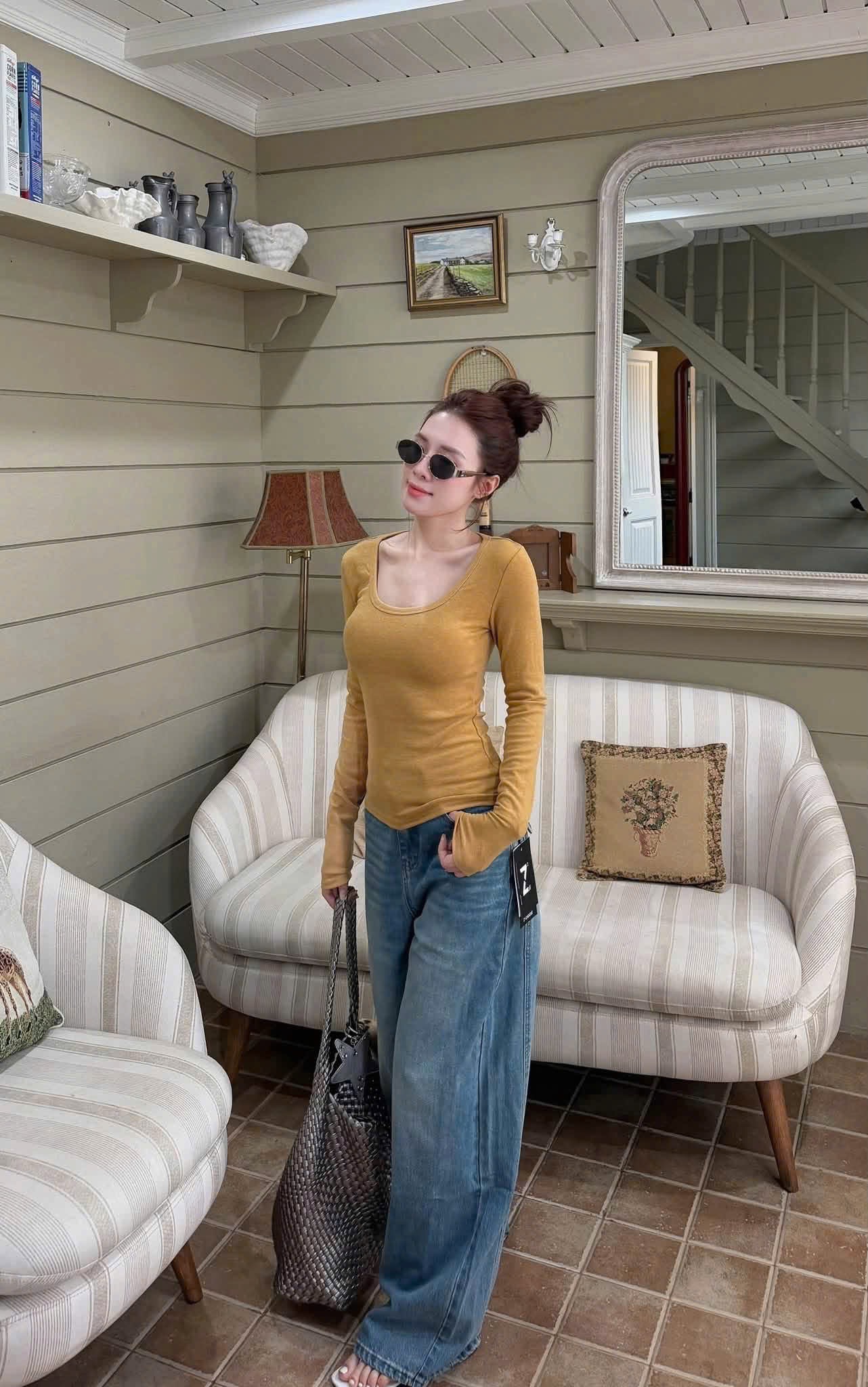 SÉT 3 ÁO CỔ U DÀI TAY TRẮNG VÀNG ĐEN