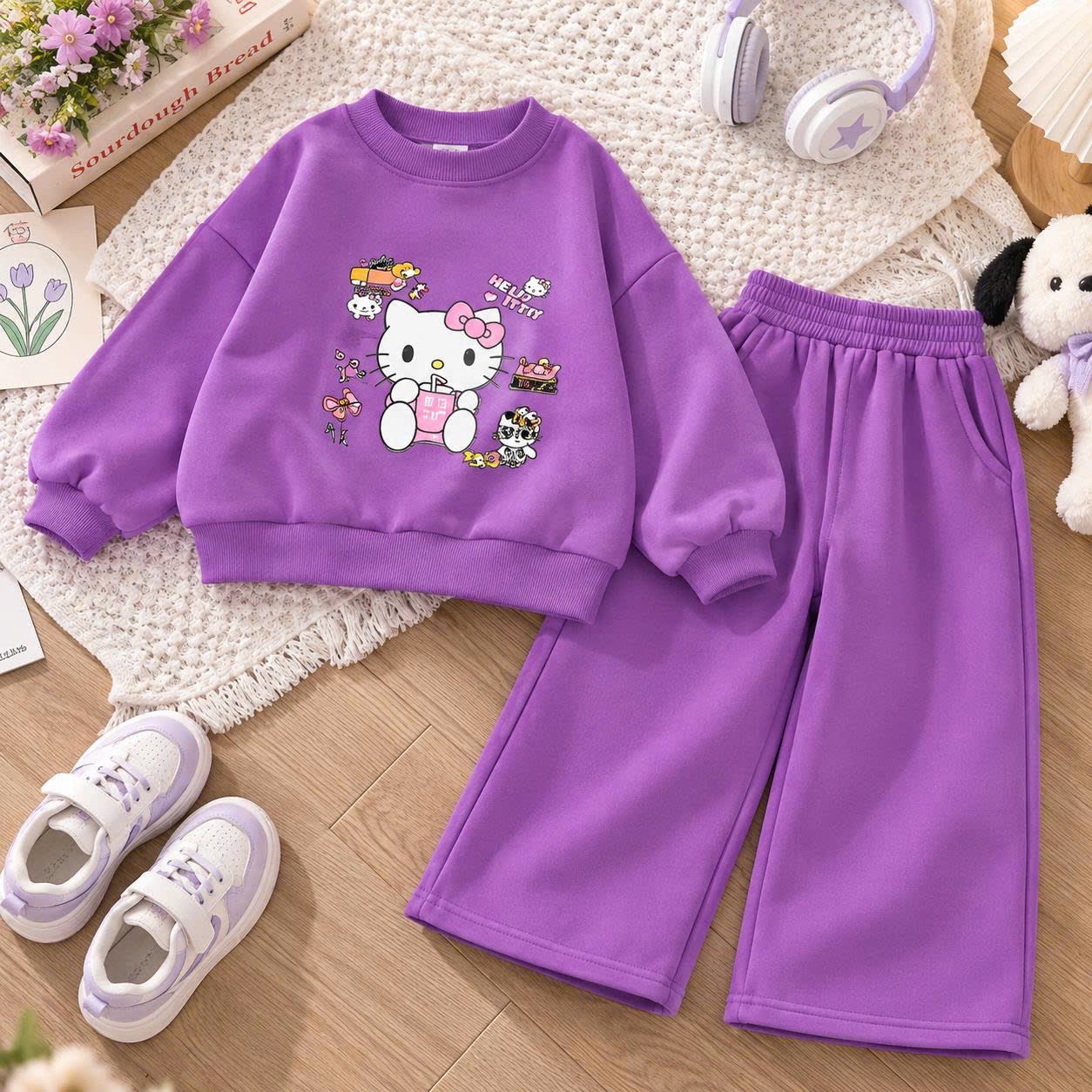 XẢ KHO BỘ NỈ SZ ĐẠI MÀU TÍM MÈO HELLO KITTY CHO BG