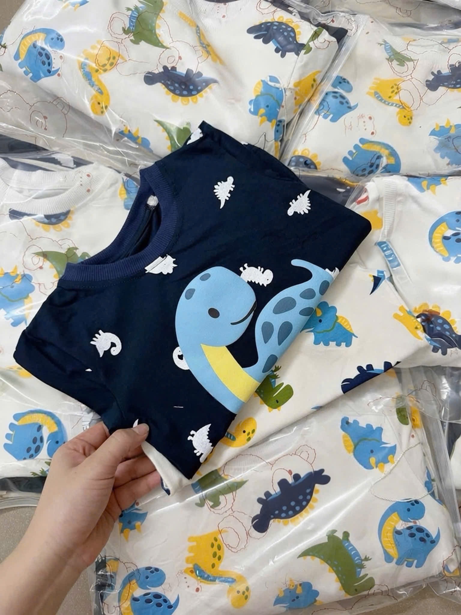 SÉT 2 BỘ KHỦNG LONG IN TRAN ĐEN BE CHO BT