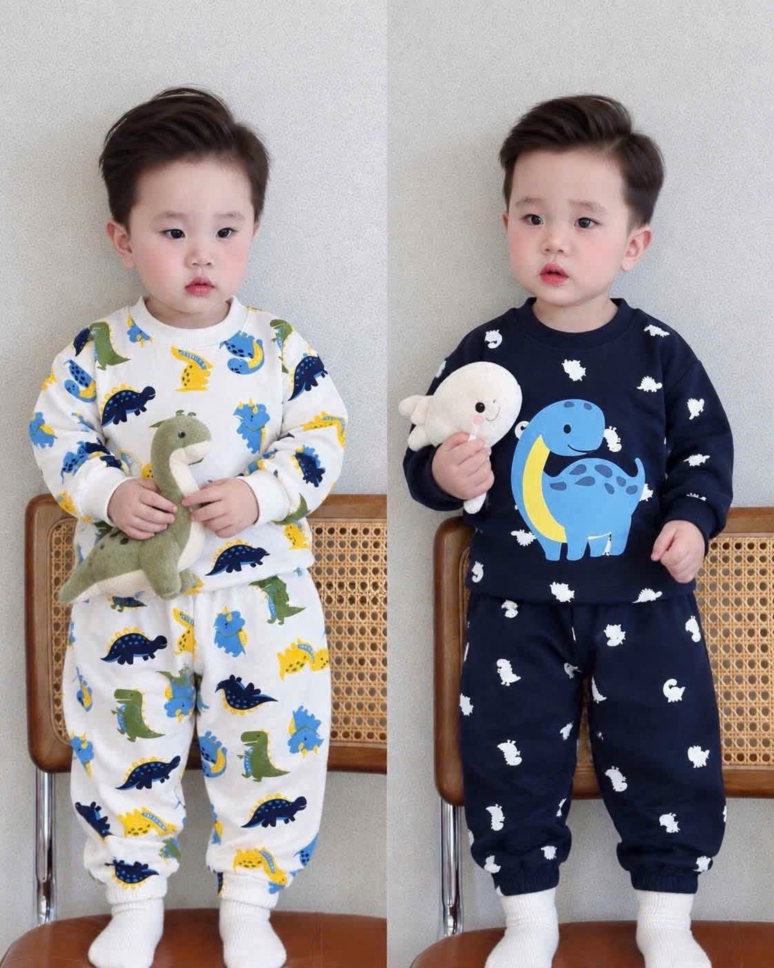 SÉT 2 BỘ KHỦNG LONG IN TRAN ĐEN BE CHO BT