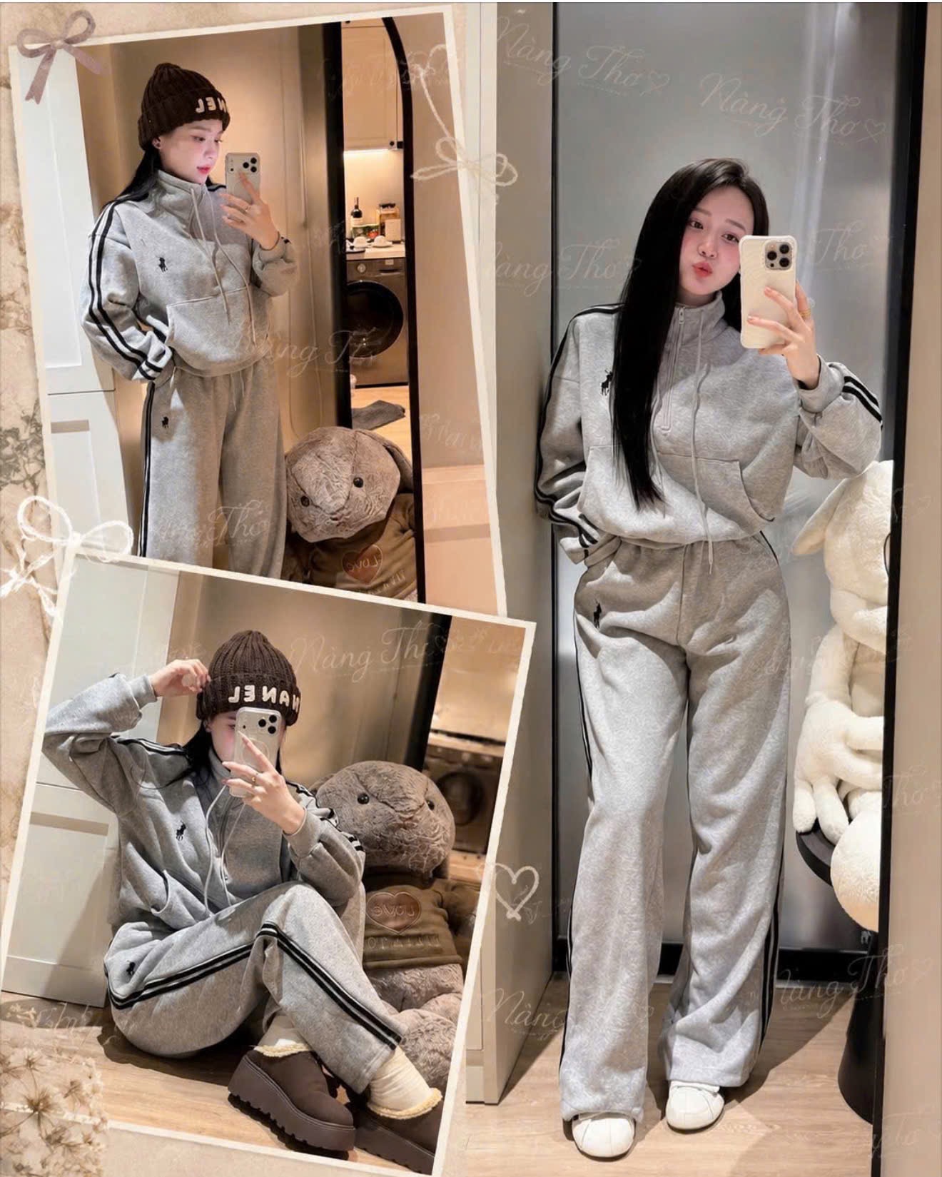 Gom - BỘ NỈ MÀU GHI KHOÁ CỔ RÚT DÂY CHO NỮ