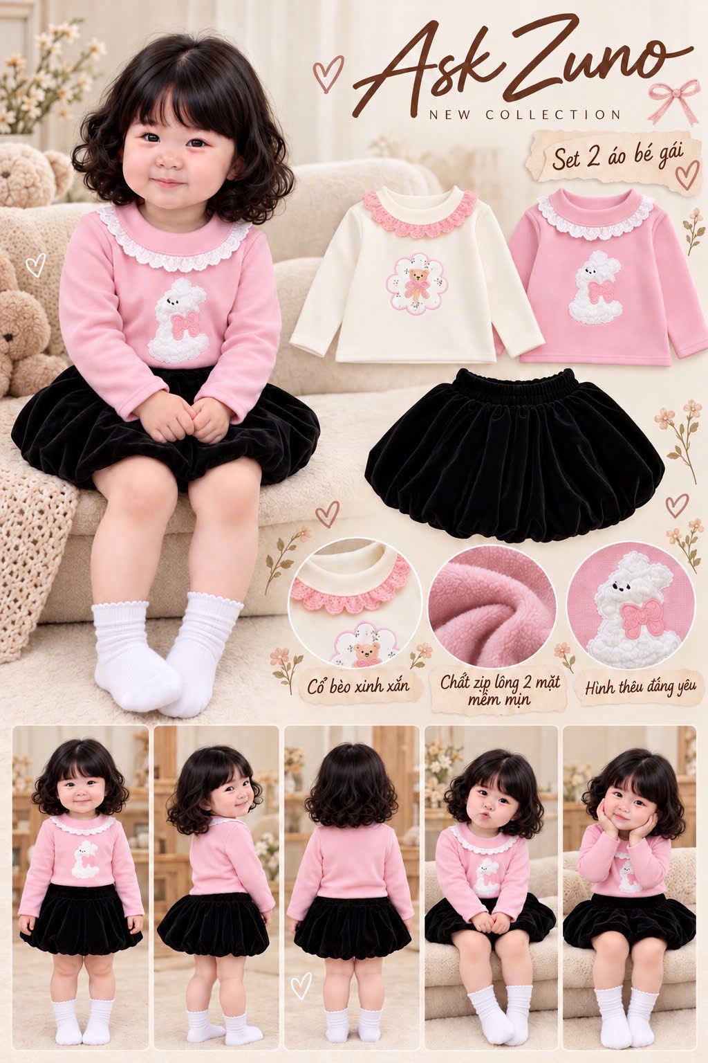 GOM - SÉT 2 ÁO HỒNG BE CỔ BÈO CHO BG