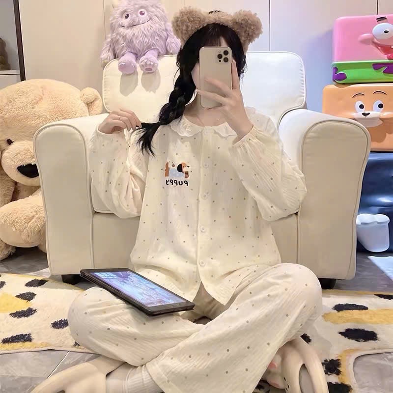 BỘ PZM CHẤM BI VIỀN BÈO MÀU BE CHO NỮ