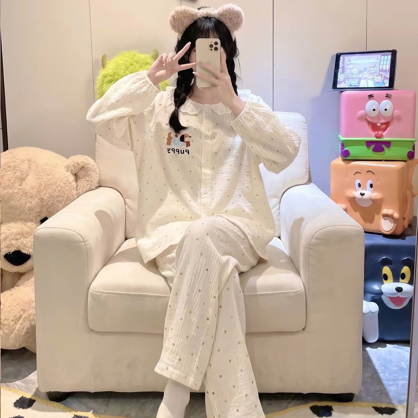 BỘ PZM CHẤM BI VIỀN BÈO MÀU BE CHO NỮ