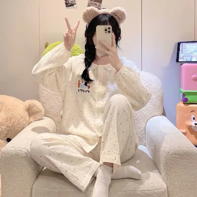BỘ PZM CHẤM BI VIỀN BÈO MÀU BE CHO NỮ