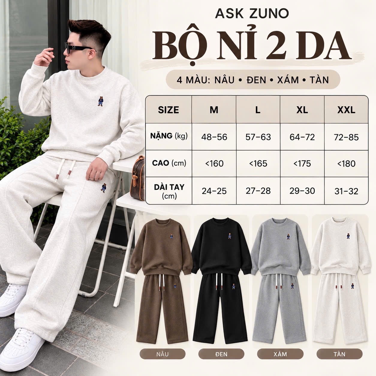GOM - SÉT NỈ 2 DA THÊU GẤU 4M CHO NAM