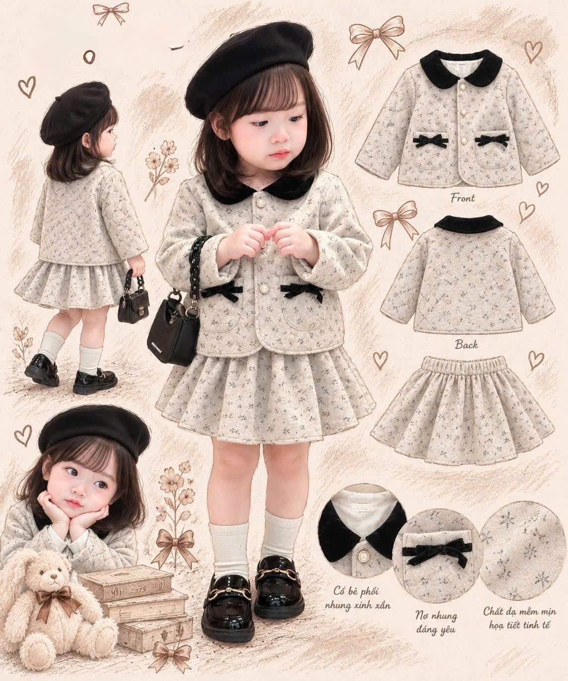 GOM - SÉT ÁO KHOÁC DẠ CHÂN VÁY XẾP LY CHO BG