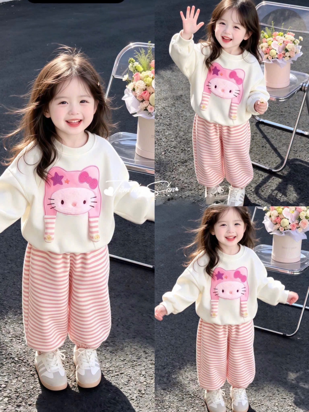 SÉT NỈ HELLO KITTY MÀU BE KEM CHO BG