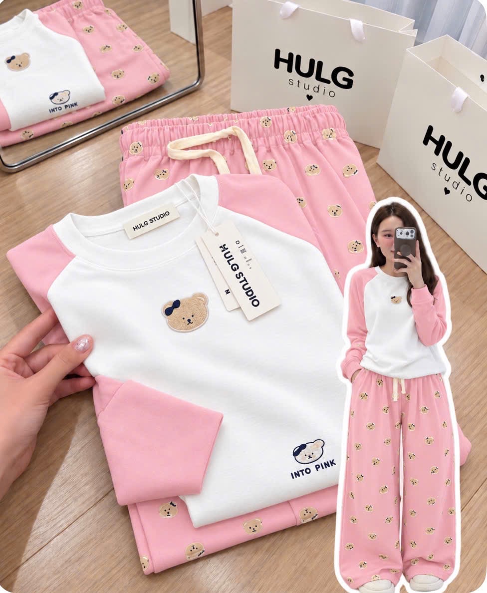 GOM - BỘ ÁO GẤU QUẦN HỒNG CHO NỮ