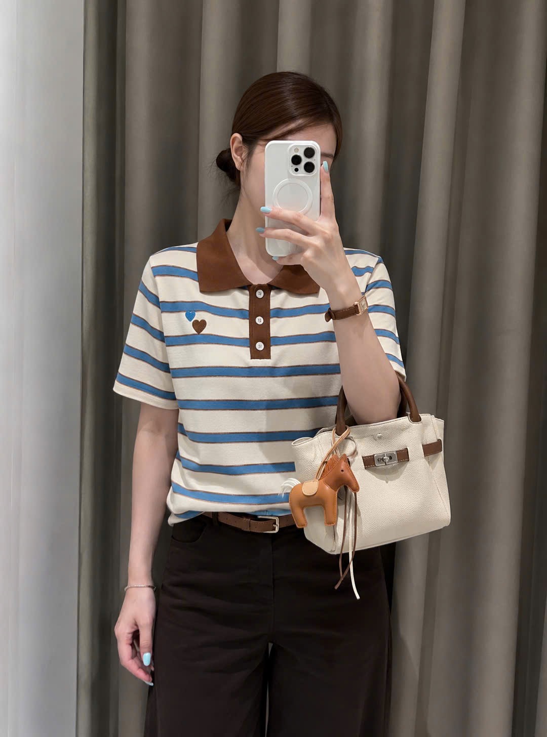 ÁO LEN POLO KẺ XANH THÊU TIM 3M CHO NỮ