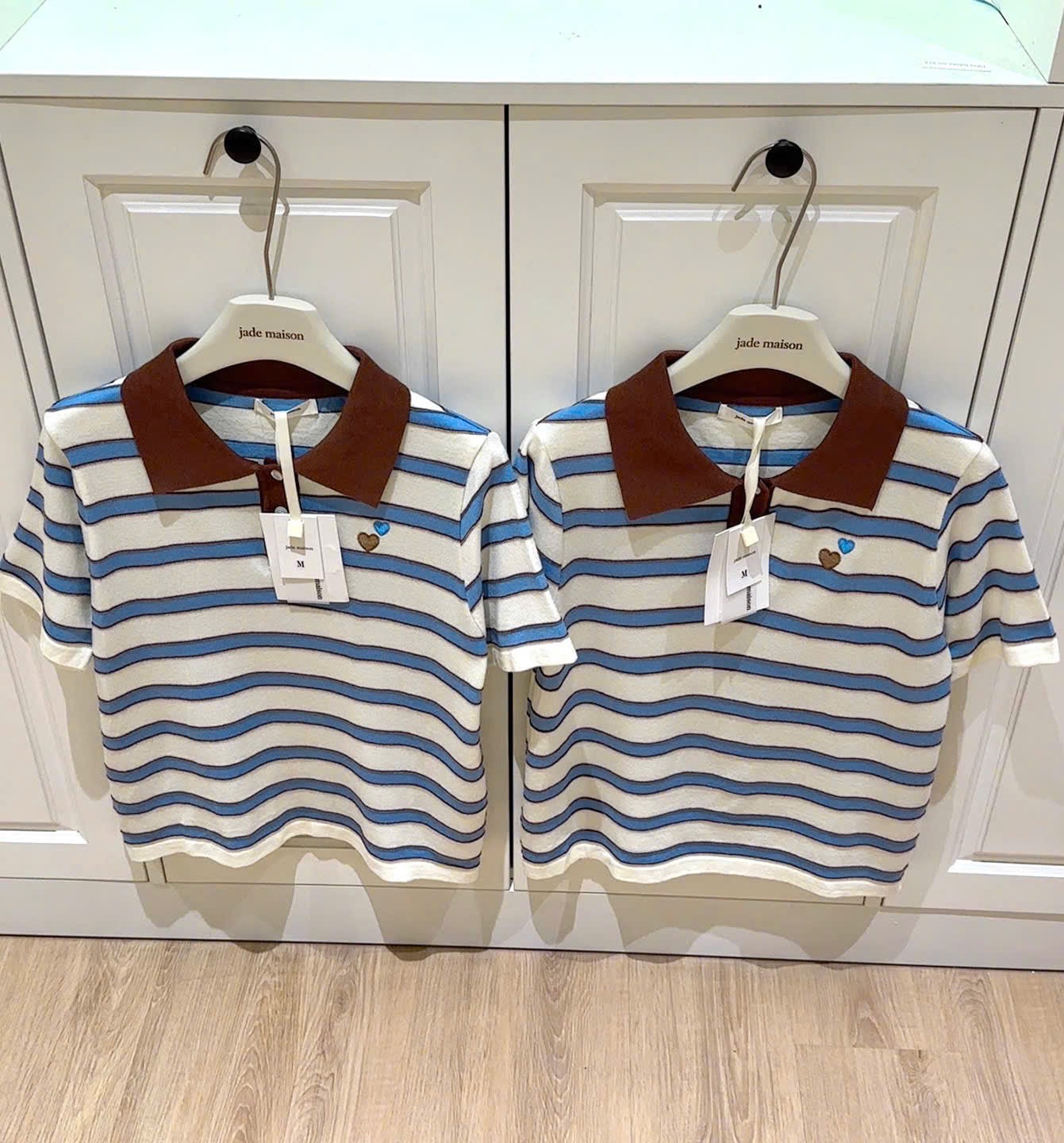ÁO LEN POLO KẺ XANH THÊU TIM 3M CHO NỮ