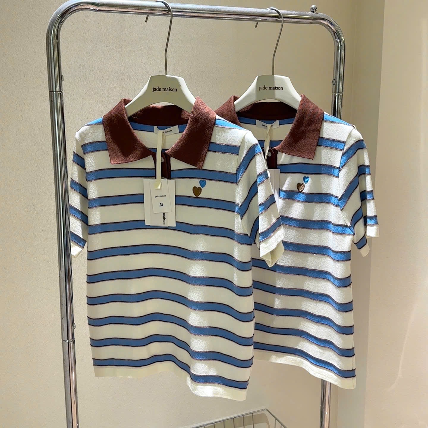 ÁO LEN POLO KẺ XANH THÊU TIM 3M CHO NỮ