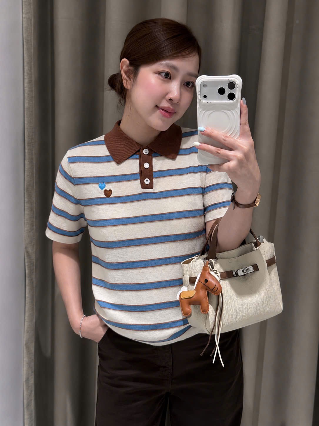 ÁO LEN POLO KẺ XANH THÊU TIM 3M CHO NỮ