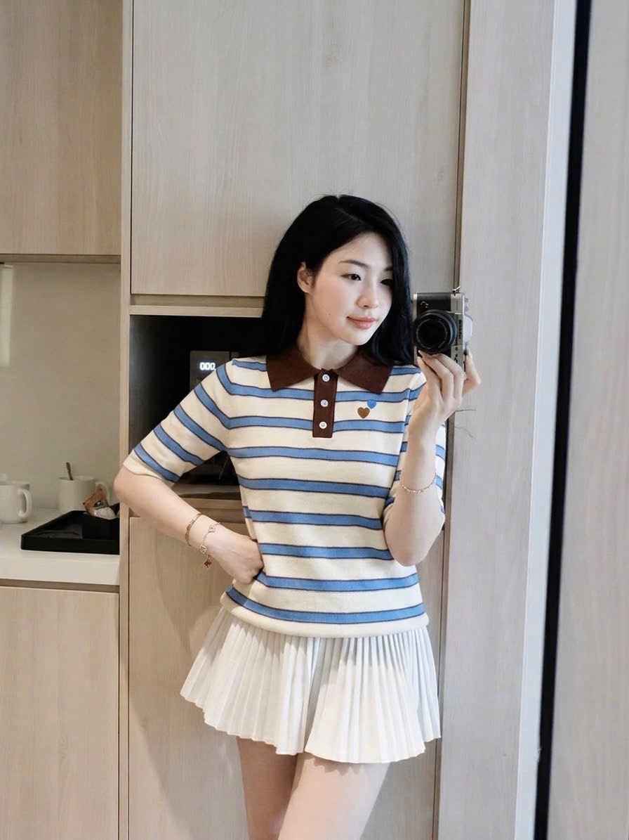 ÁO LEN POLO KẺ XANH THÊU TIM 3M CHO NỮ