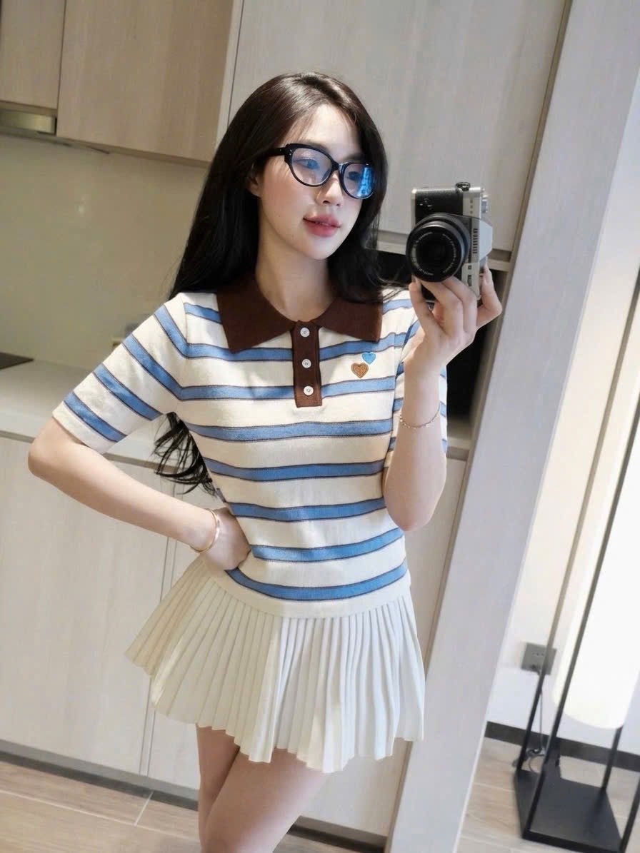 ÁO LEN POLO KẺ XANH THÊU TIM 3M CHO NỮ