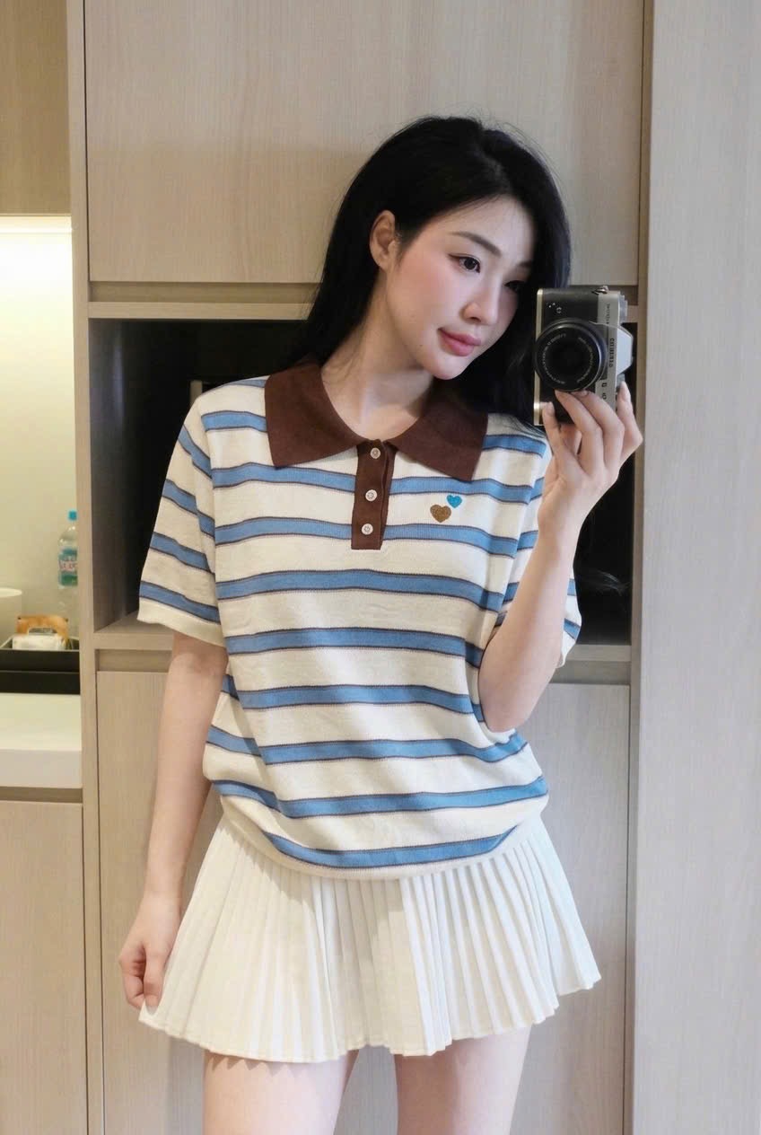 ÁO LEN POLO KẺ XANH THÊU TIM 3M CHO NỮ