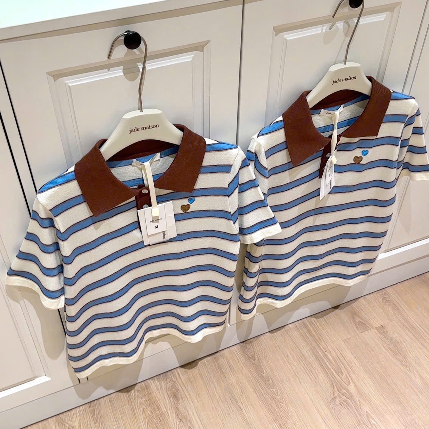 ÁO LEN POLO KẺ XANH THÊU TIM 3M CHO NỮ