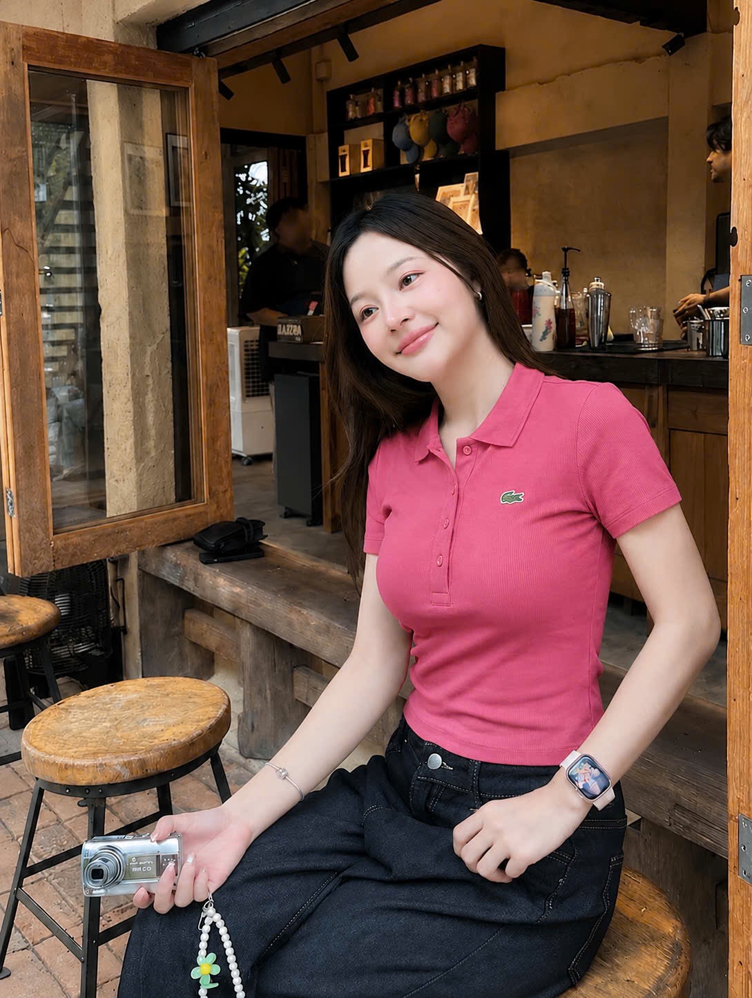 ÁO LEN TĂM POLO HỒNG ĐẬM CỔ BẺ CHO NỮ