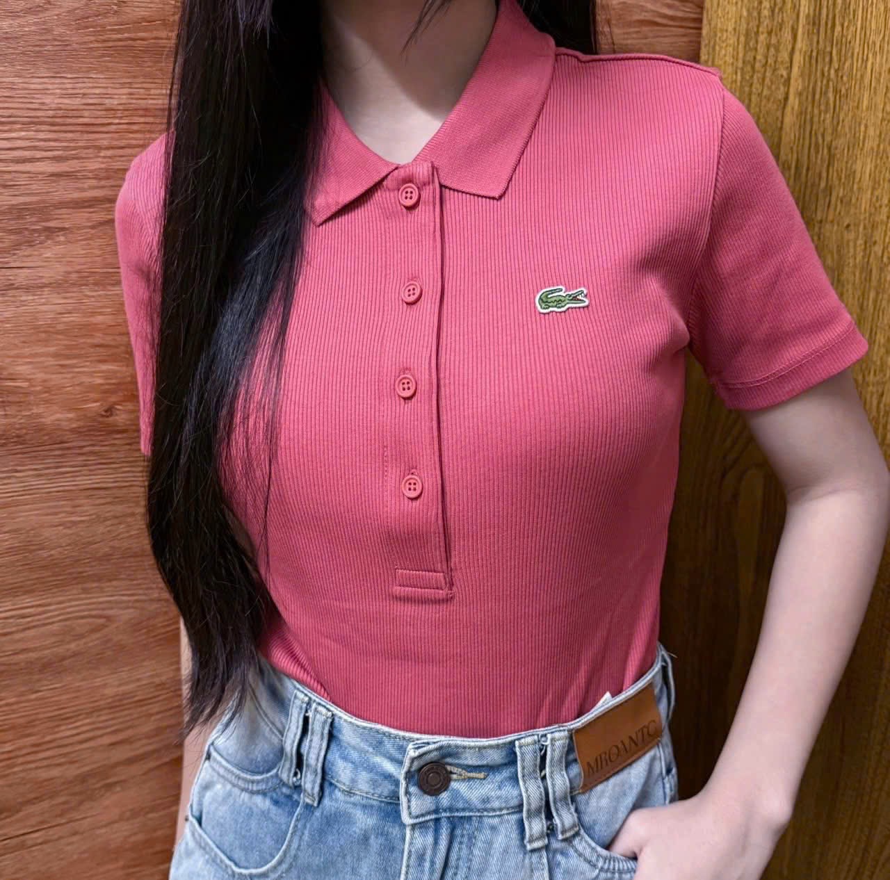 ÁO LEN TĂM POLO HỒNG ĐẬM CỔ BẺ CHO NỮ