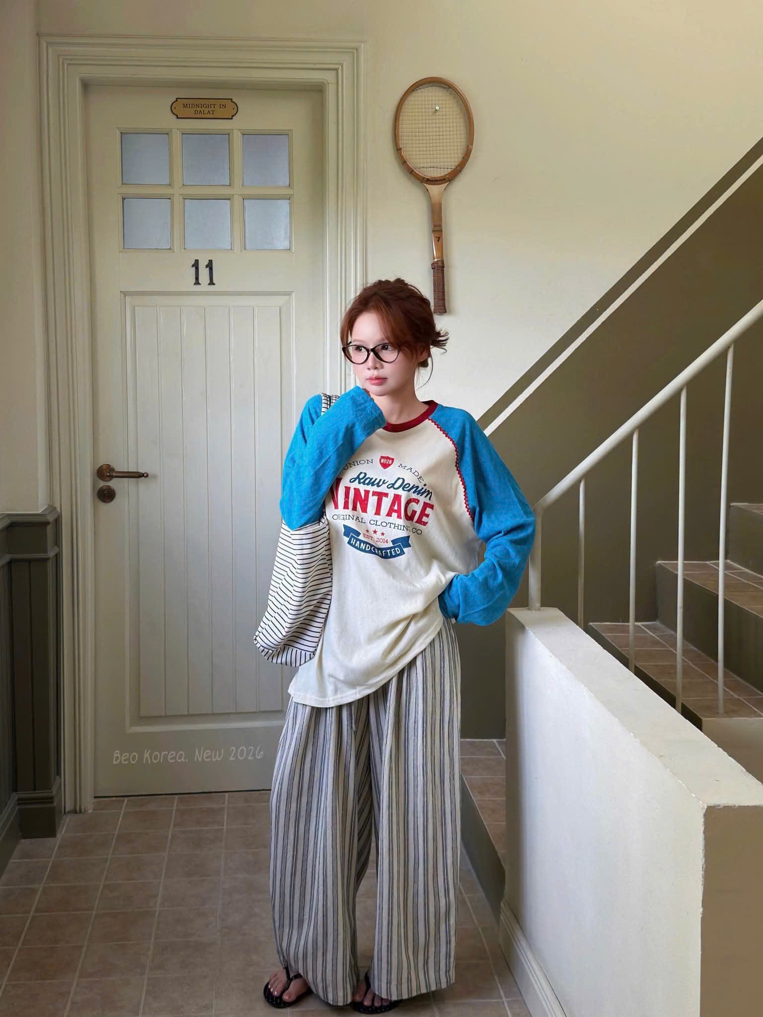 ÁO PHÔNG GIẤY TAY XANH VINTAGE