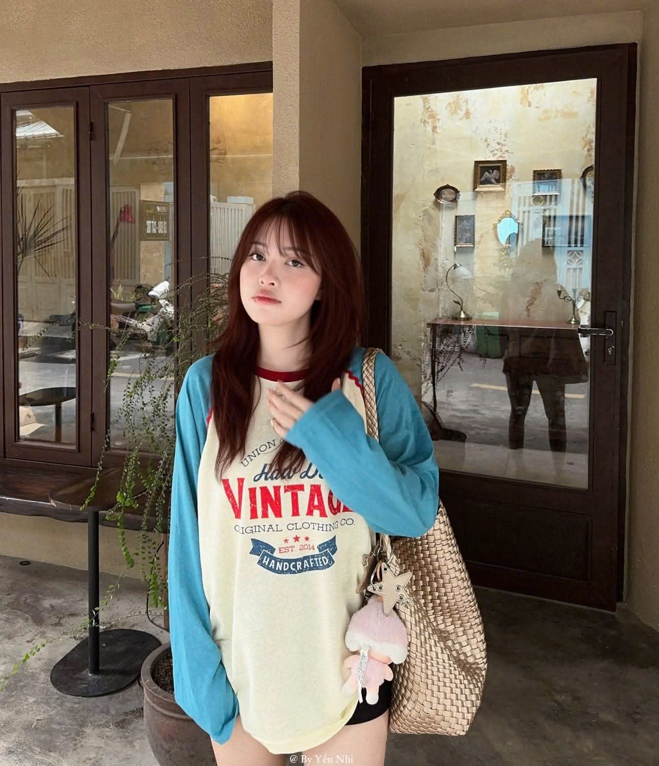 ÁO PHÔNG GIẤY TAY XANH VINTAGE