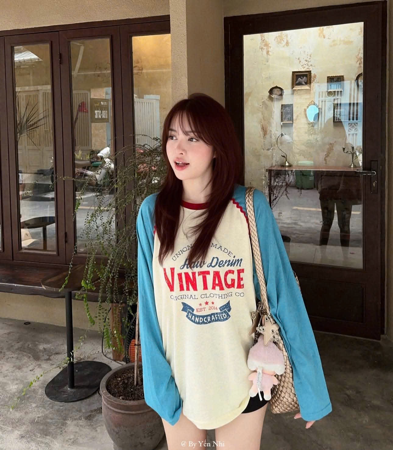 ÁO PHÔNG GIẤY TAY XANH VINTAGE