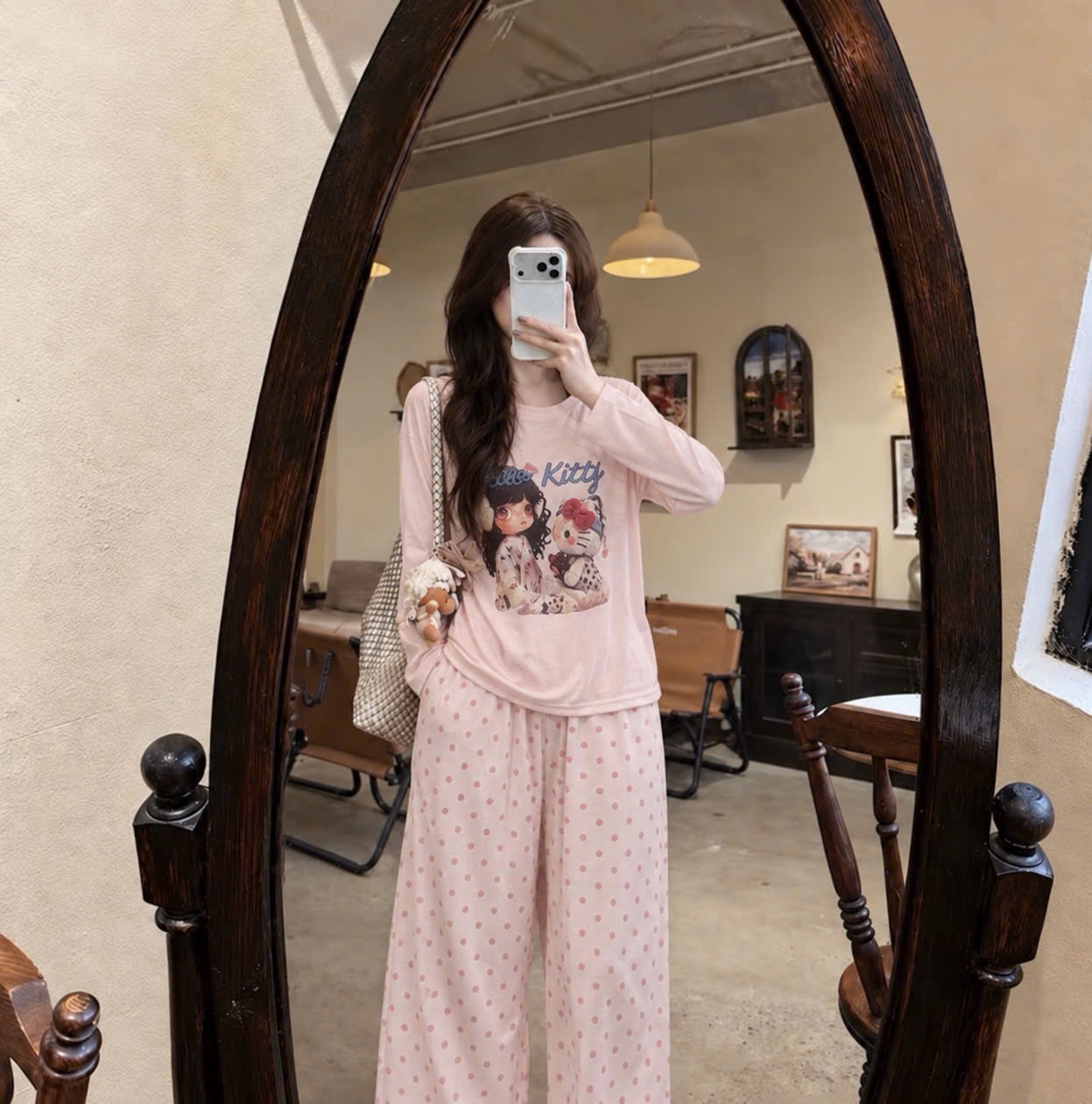 BỘ ÁO GIẤY HỒNG KITTY QUẦN ĐŨI CHẤM BI