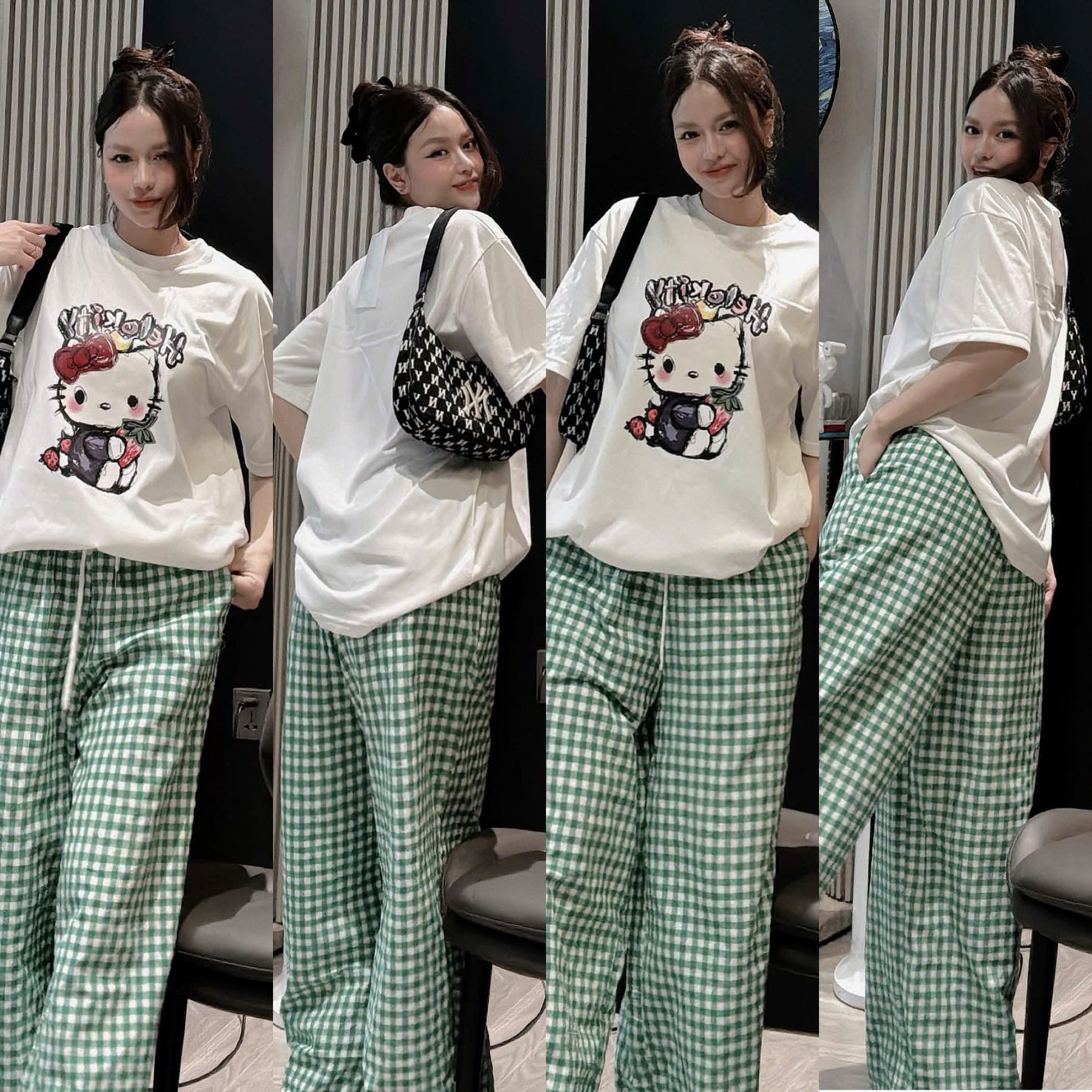 BỘ CỘC TRẮNG HELLOKITTY QUẦN KẺ XANH