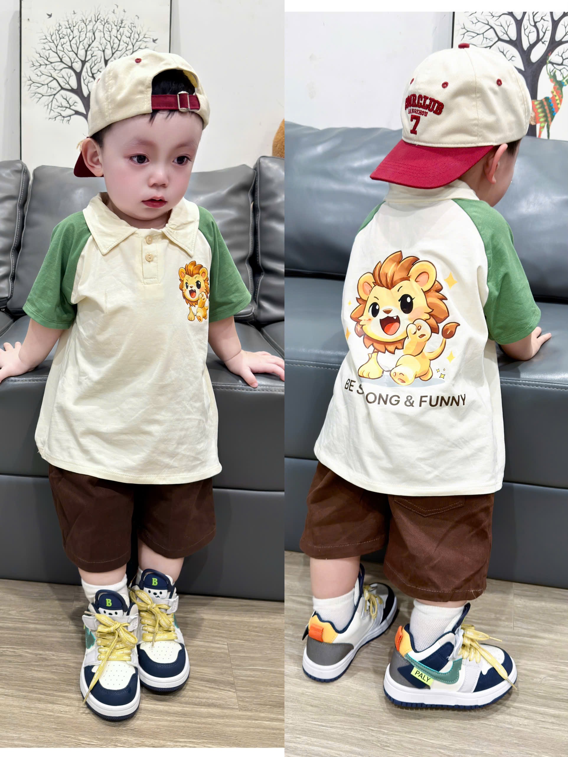 BỘ ĐÙI BE PHỐI XANH HÌNH SƯ TỬ QUẦN NÂU