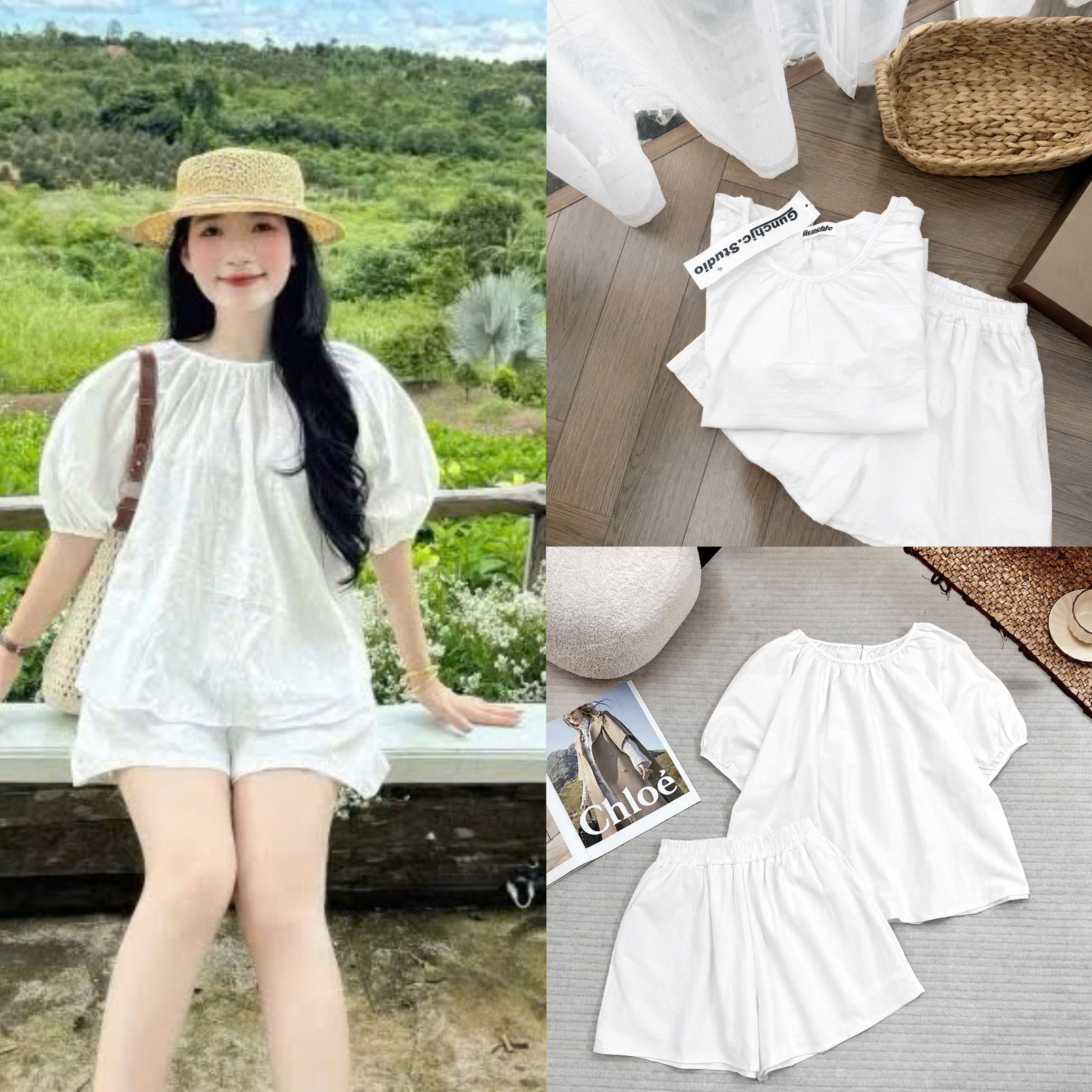 BỘ ĐÙI TRẮNG CỘC TAY BỒNG NỮ