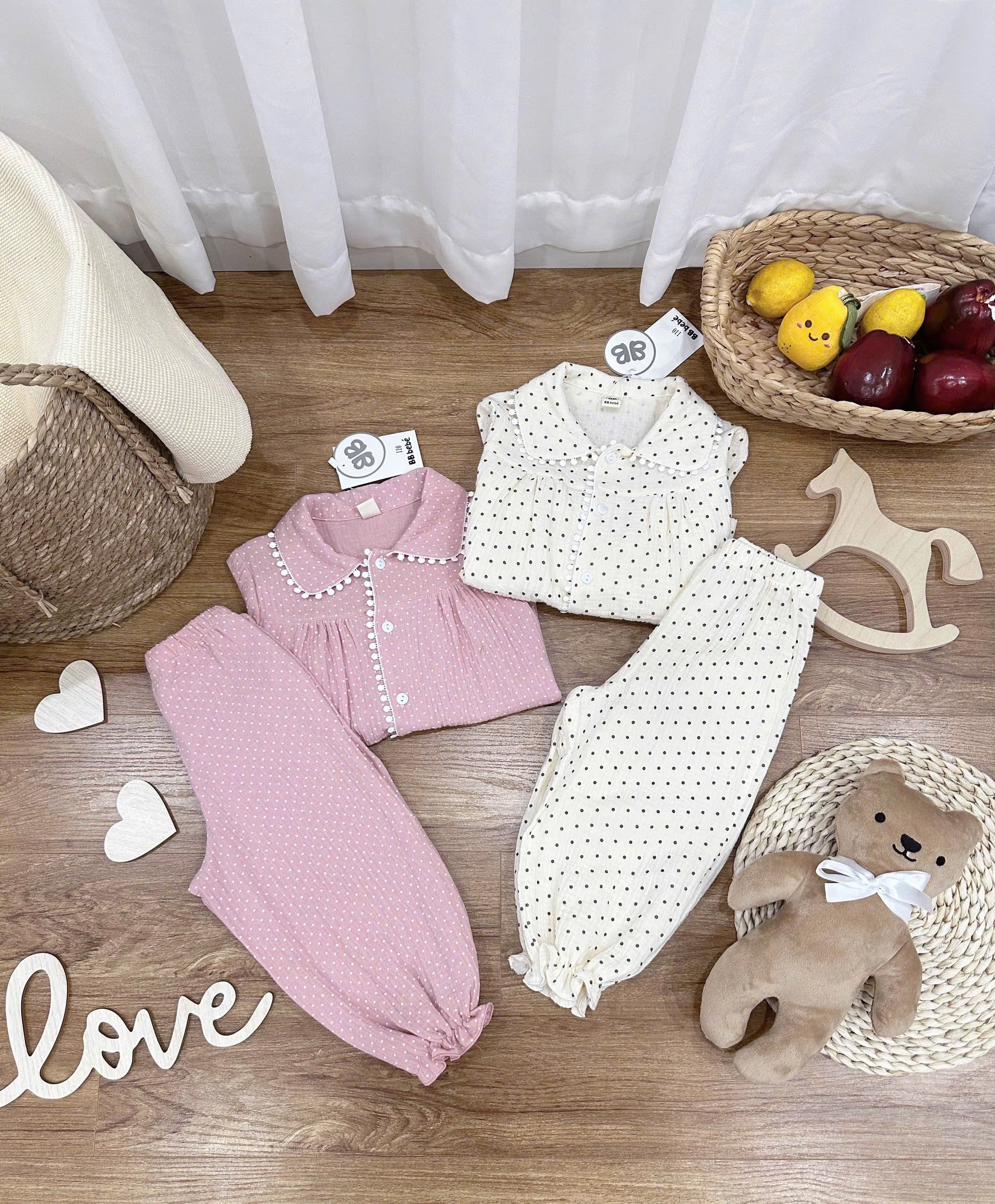 BỘ ĐŨI XÔ MUSLIN CHẤM BI VIỀN REN
