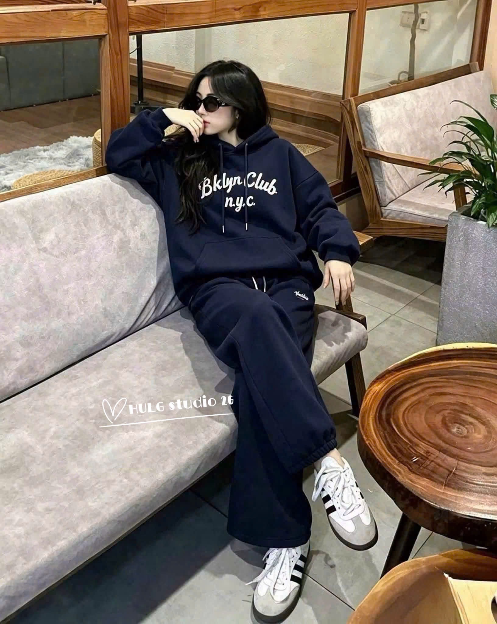 BỘ HODIE NỈ MŨ THAN CHỮ BKLYN TAG HULG