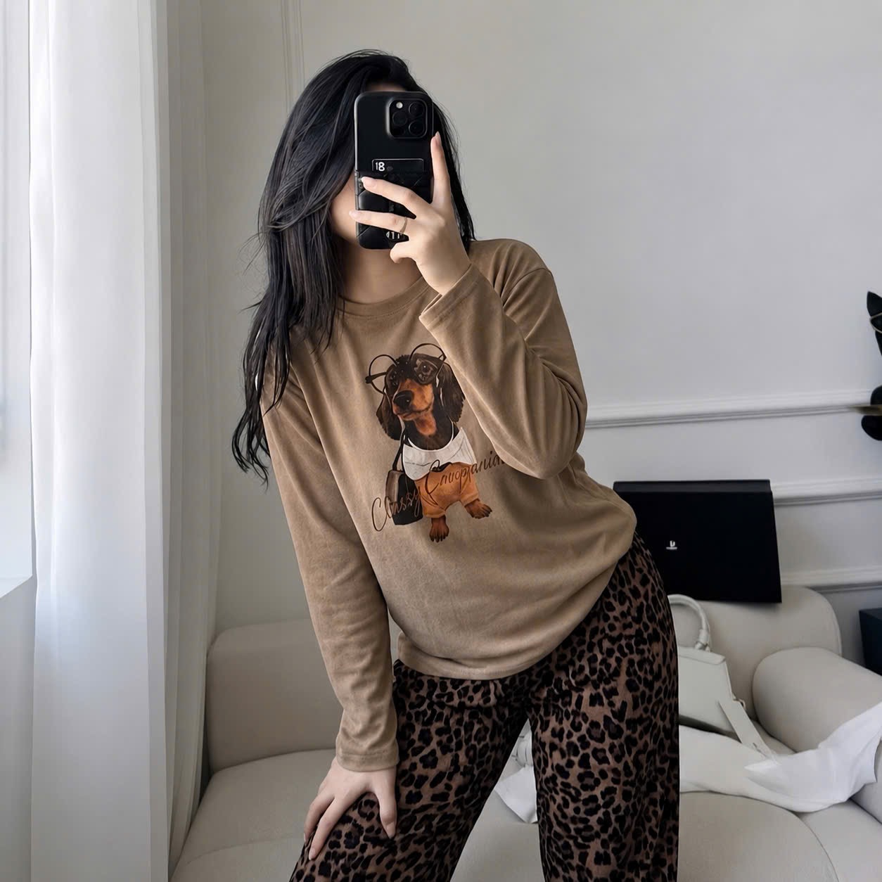 BỘ MẶC NHÀ NÂU TÂY HÌNH CÚN QUẦN DA BÁO